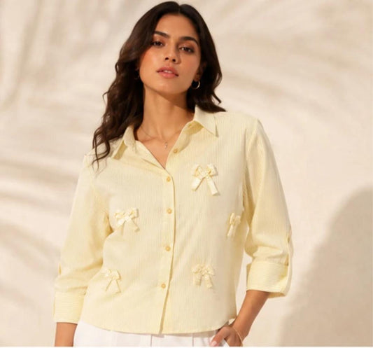 Cream Pinstripe Bow Detail Shirt