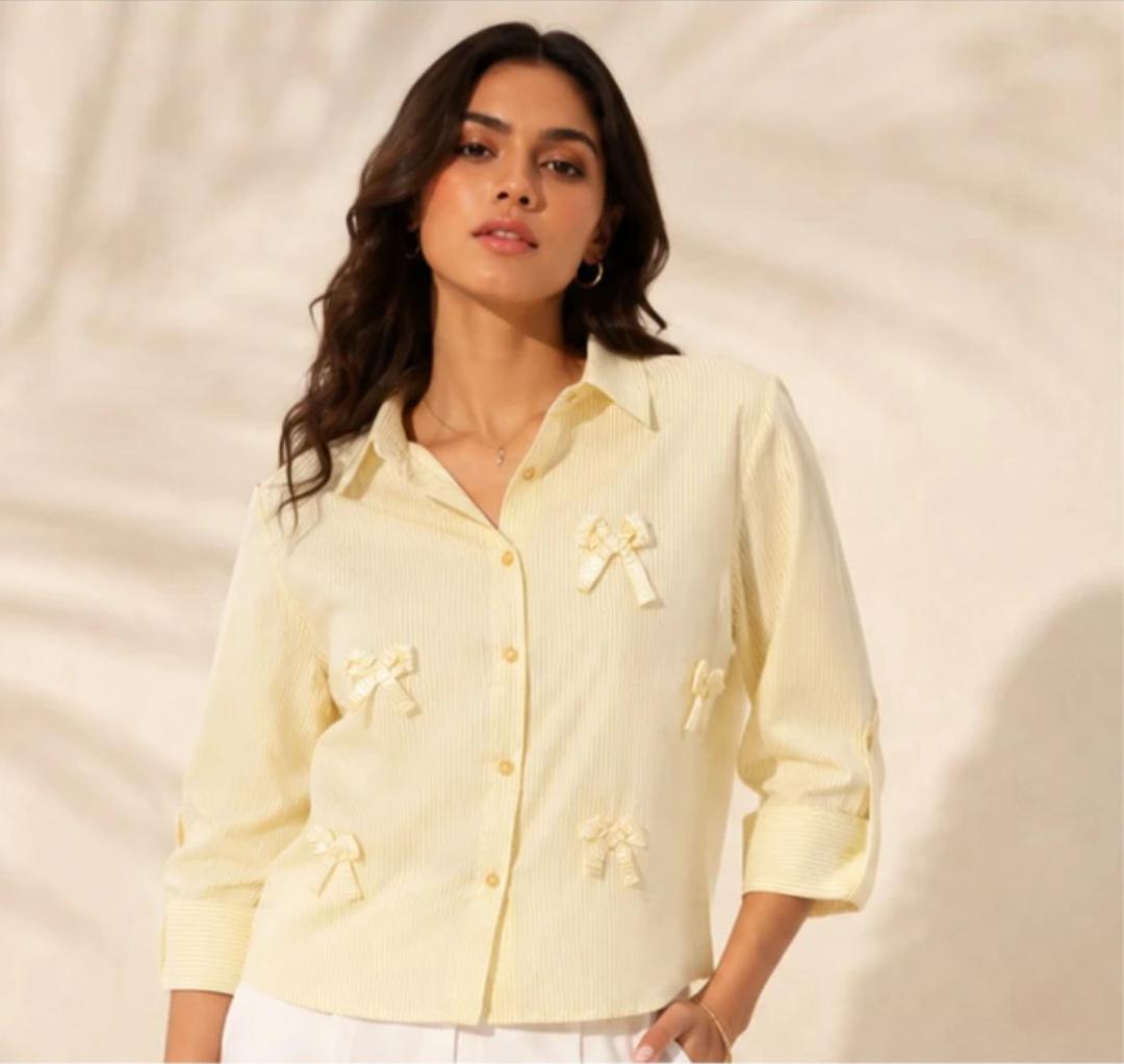Cream Pinstripe Bow Detail Shirt