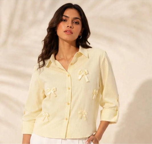 Cream Pinstripe Bow Detail Shirt