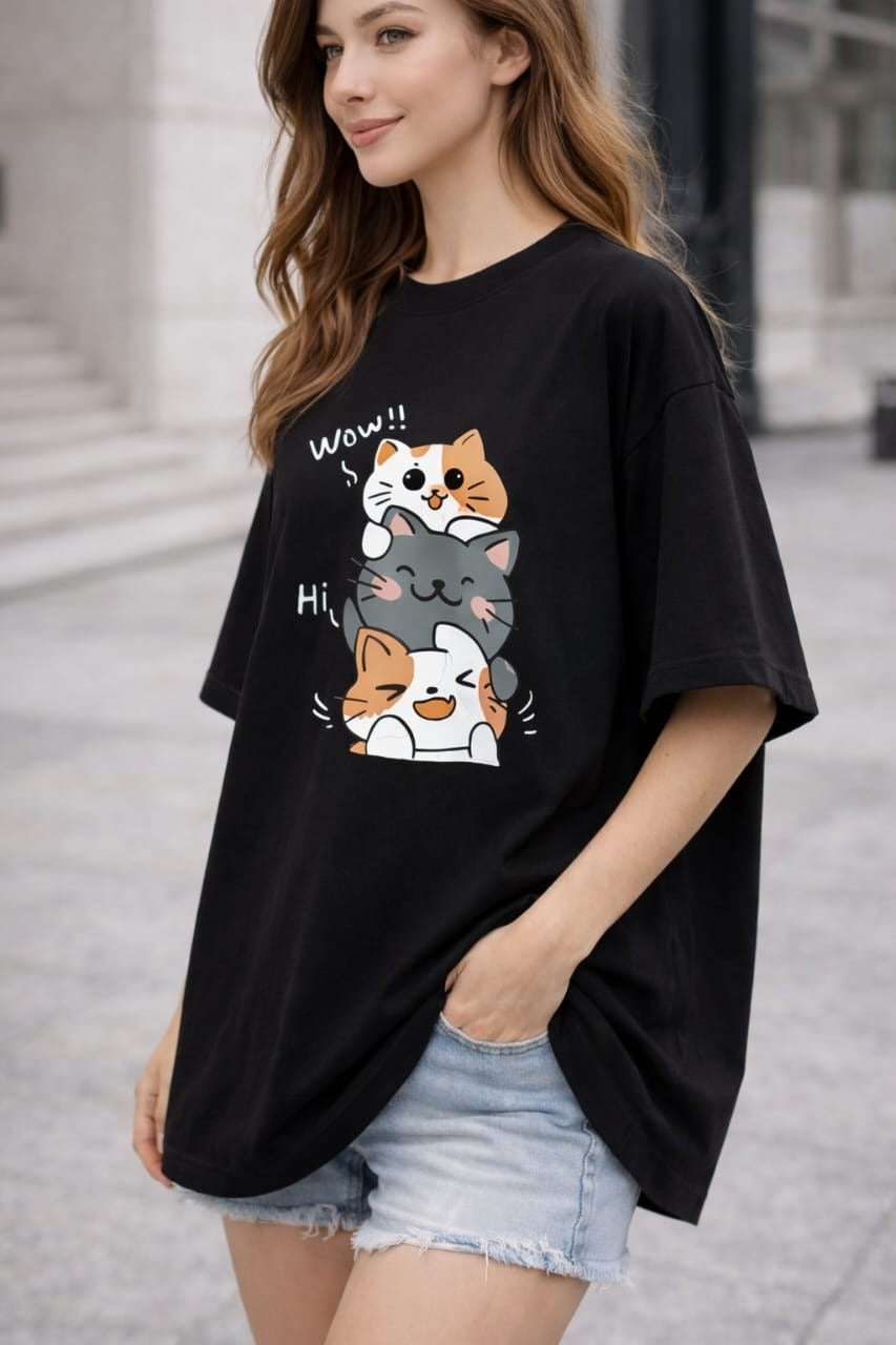 Black Wow Cat Graphic T-Shirt for women