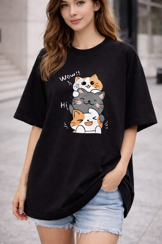 Black Wow Cat Graphic T-Shirt for women